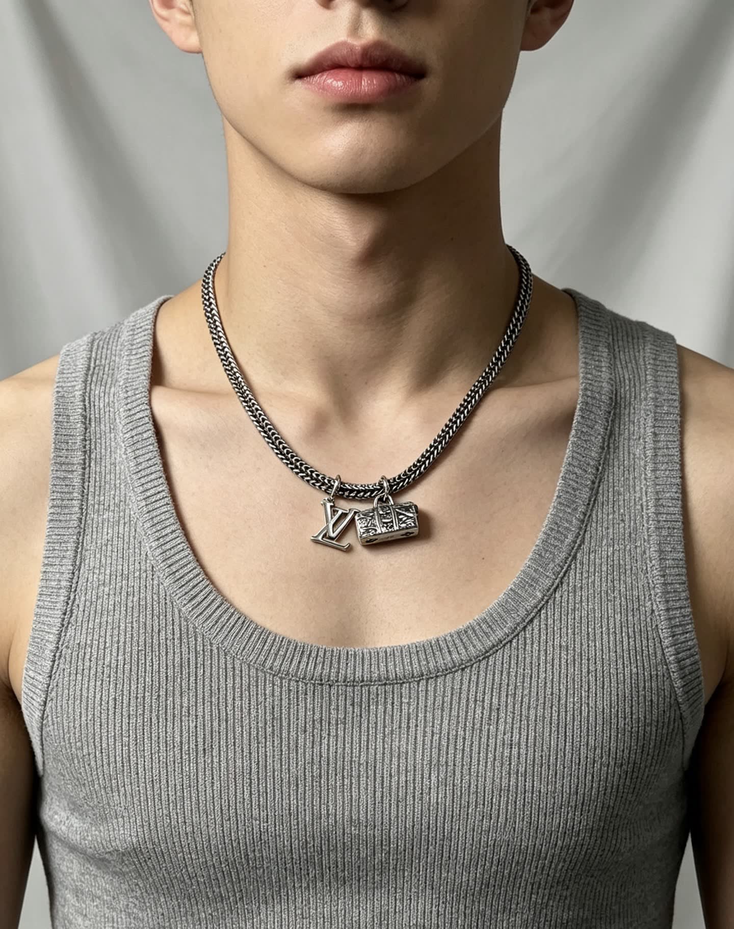Louis Vuitton Silver Tone Chain Necklace with LV and Monogram Bag Charms
